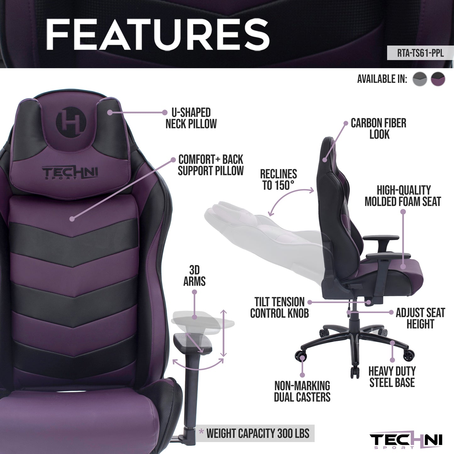 Techni Sport TS-61 Ergonomic High Back Racer Style Video Gaming Chair, Purple/Black