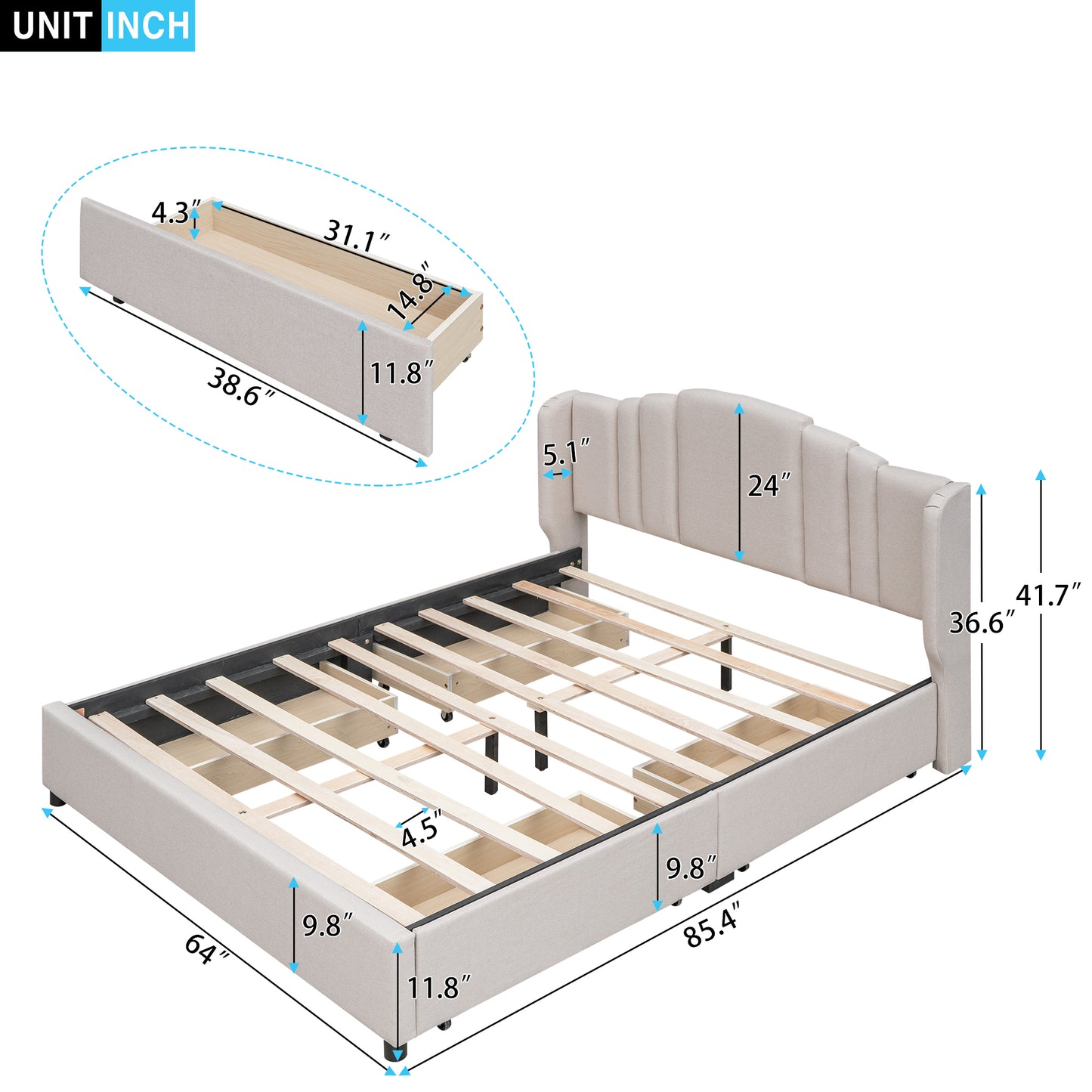 Upholstered Platform Bed with Wingback Headboard and 4 Drawers, No Box Spring Needed, Linen Fabric, Queen Size Beige