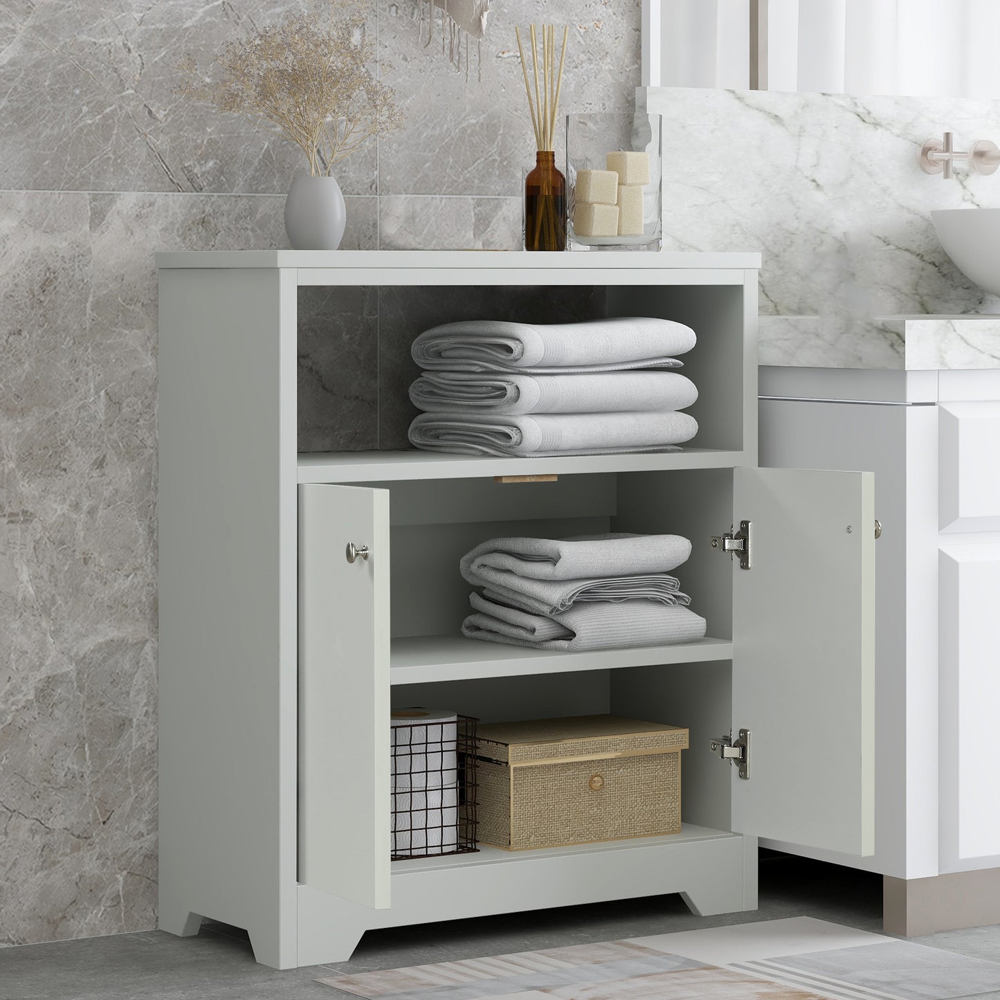 Grey Bathroom Storage Cabinet with Adjustable Shelves, Freestanding Floor Cabinet for Home Kitchen, Easy to Assemble