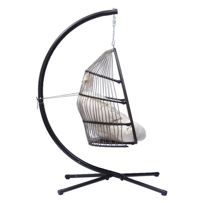 Outdoor Patio Wicker Folding Hanging Chair,Rattan Swing Hammock Egg Chair With C Type Bracket , With Cushion And Pillow