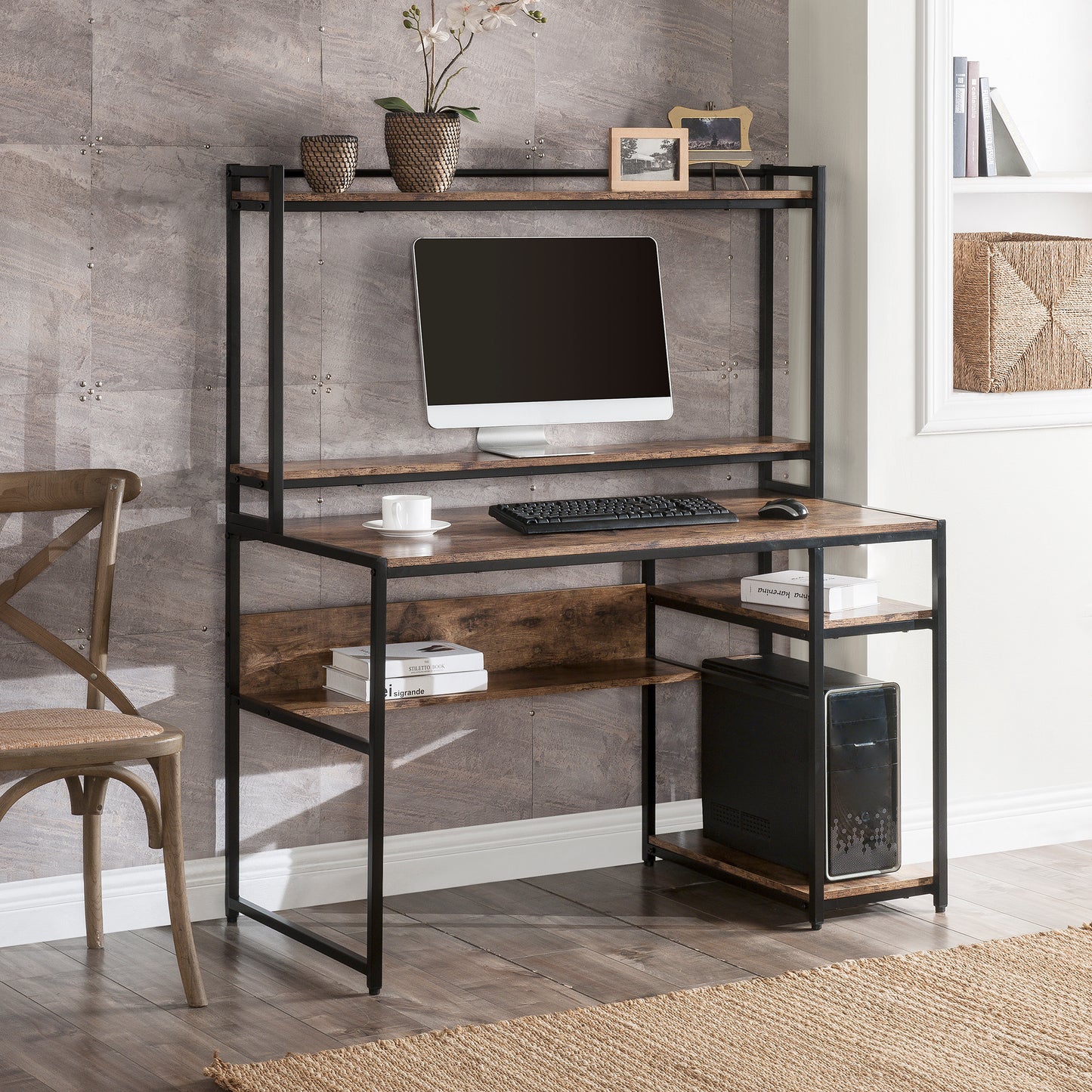 Home Office Computer Desk with 2-Tier Bookshelf and Open Storage Shelf/Equipped with Removable Monitor Riser(Brown)