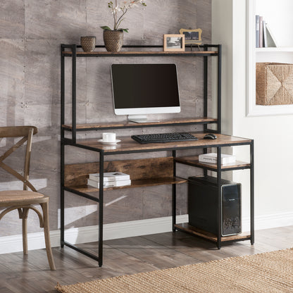 Home Office Computer Desk with 2-Tier Bookshelf and Open Storage Shelf/Equipped with Removable Monitor Riser(Brown)