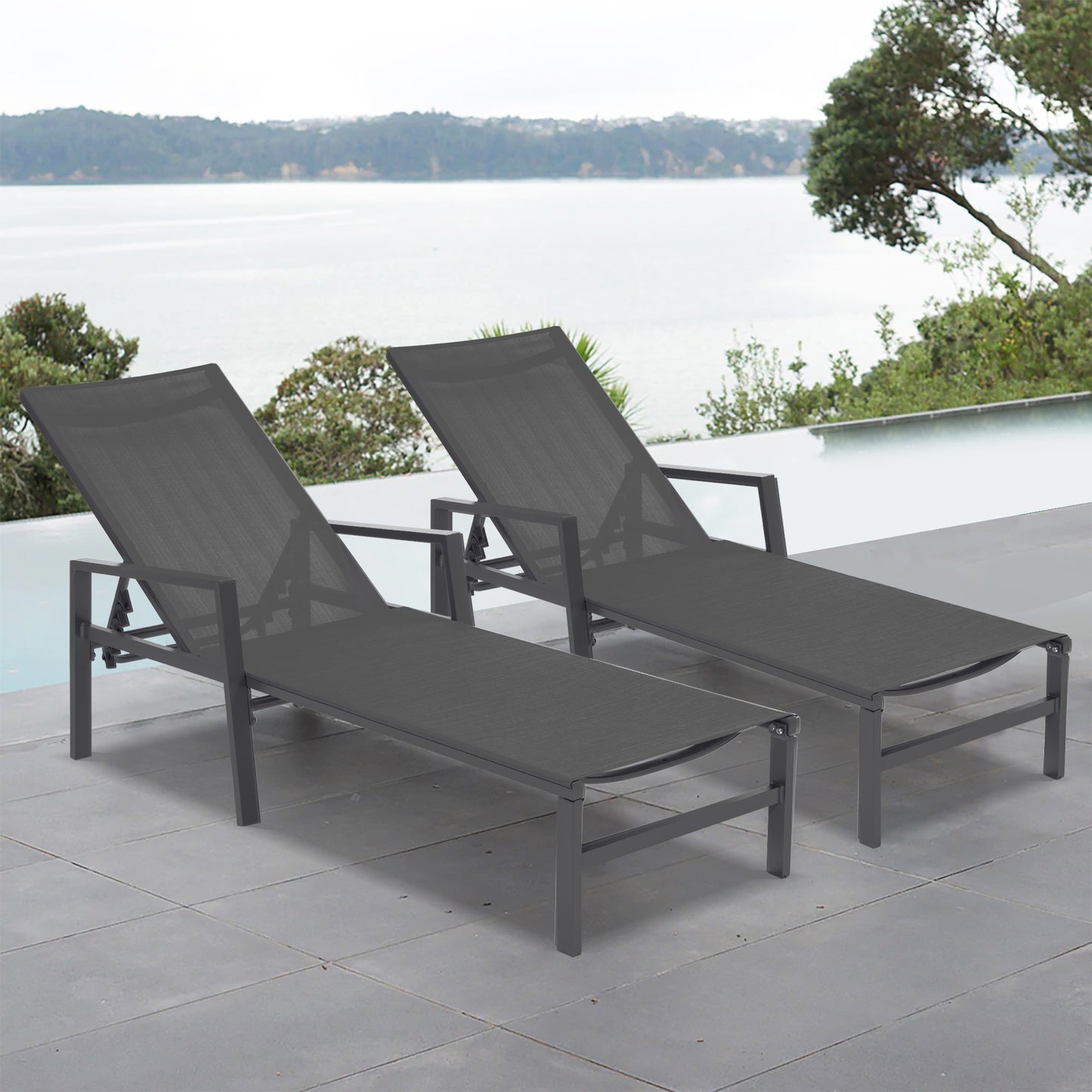 2 Pieces Set Patio Lounge Chair, Textilene Aluminum Pool Lounge Chair Set, Patio Chaise Lounges With Armrests For Patio Backyard Porch Garden Poolside