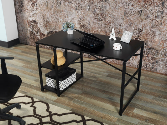 Furnish Home Store Sage Black Metal Frame 47" Wooden Top 2 Shelves Writing and Computer Desk for Home Office, Black