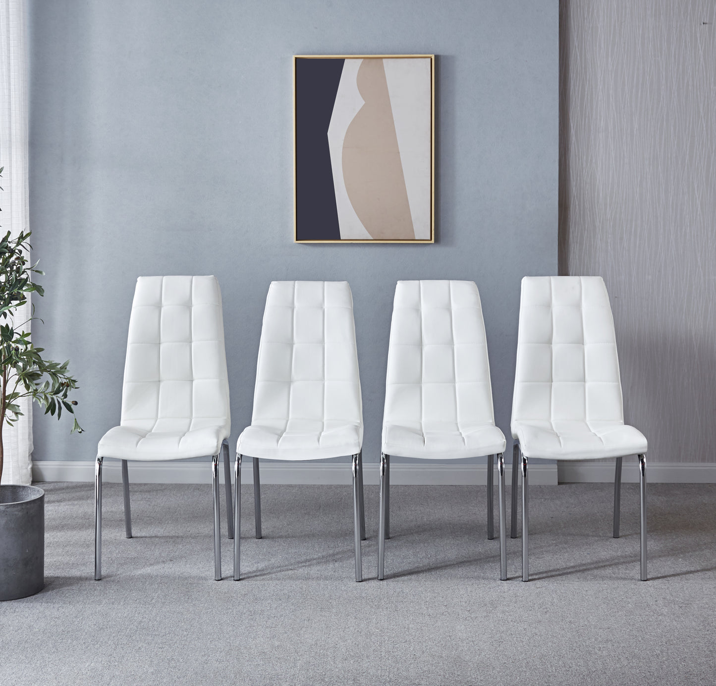 Modern Lattice Design Leatherette Dining Chair with Silver Metal Legs Set of 4