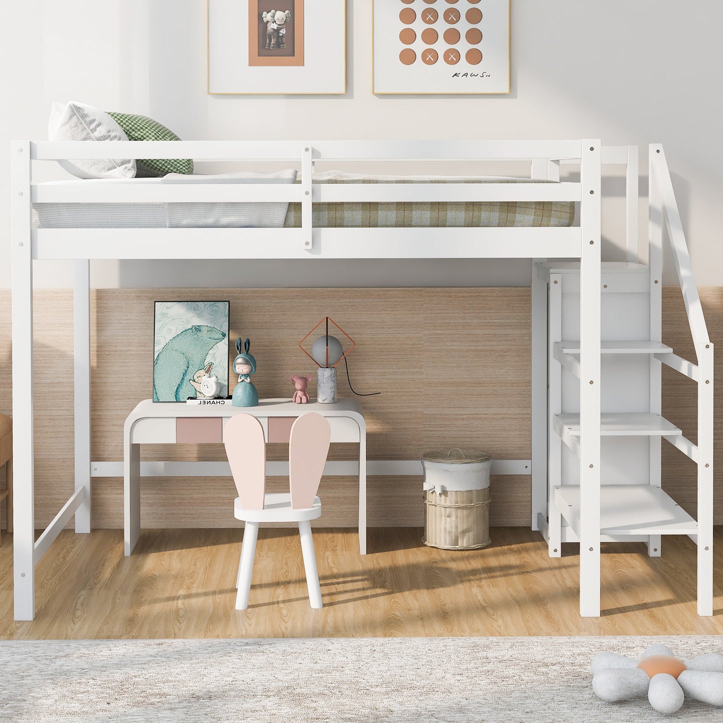 Full Size Loft Bed with Built-in Storage Wardrobe and Staircase,White