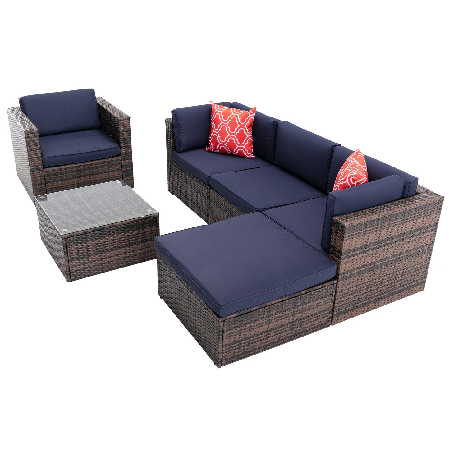 6Pcs Outdoor Garden Patio Furniture PE Rattan Wicker Sectional Cushioned Sofa Sets with 2 Pillows and Coffee Table