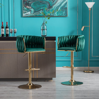 Set of 2  Bar Stools,with Chrome Footrest and Base Swivel Height Adjustable Mechanical Lifting Velvet + Golden Leg Simple Bar Stool-Green