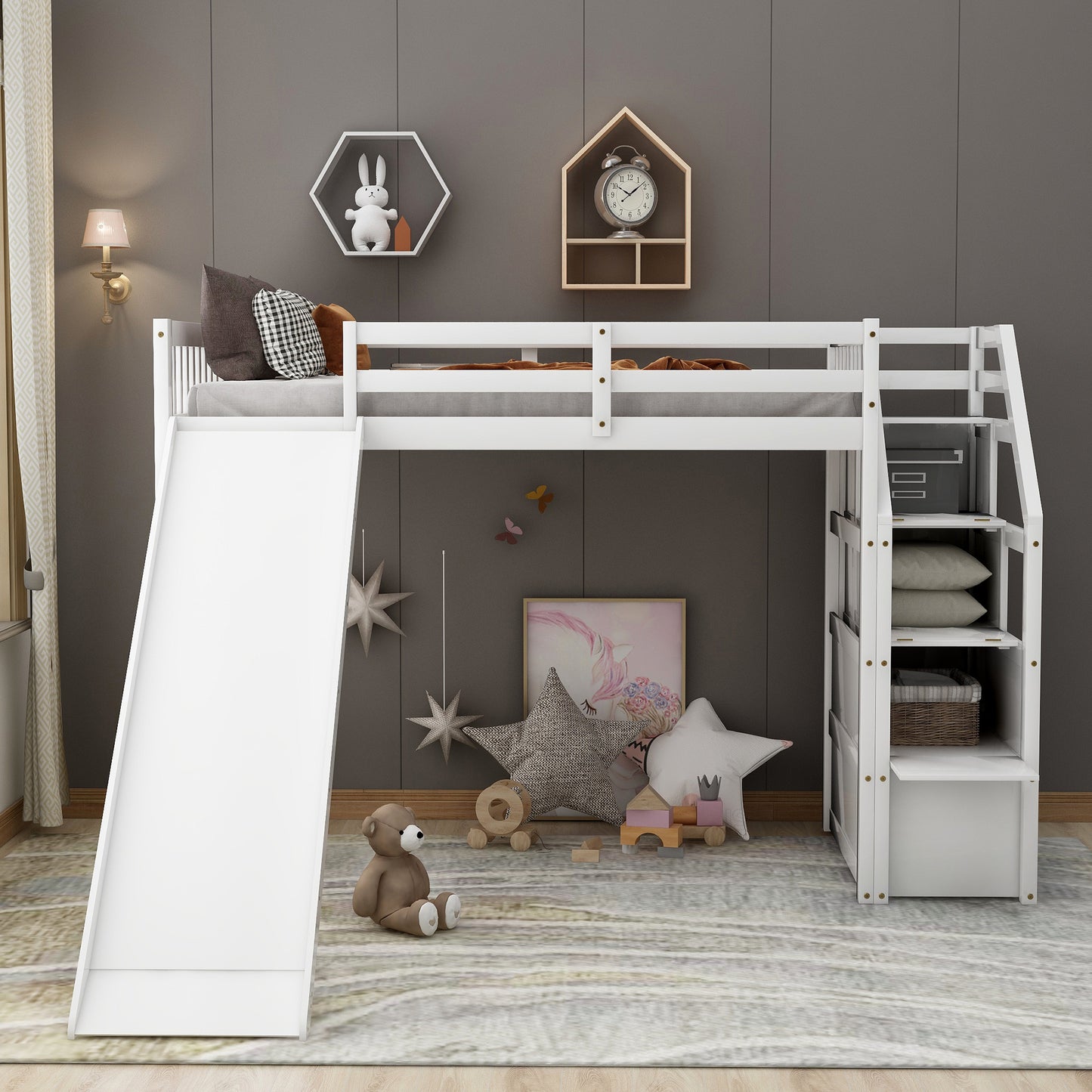 Twin Size Loft Bed with Storage and Slide, White