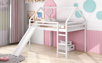 Full Size Loft Bed with Slide, House Bed with Slide,White(OLD SKU :WF281159AAK)