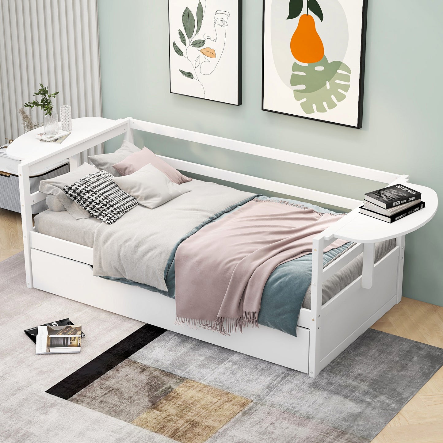 Twin Size Daybed with Trundle and Foldable Shelves on Both Sides,White