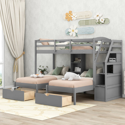 Twin over Twin&Twin Bunk Bed, Triple Bunk Bed with Drawers, Staircase with Storage, Built-in Shelves, Gray