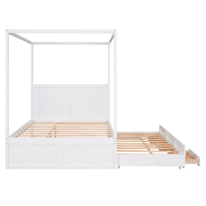 Queen Size Canopy Platform Bed with Twin Size Trundle and Three Storage Drawers,White