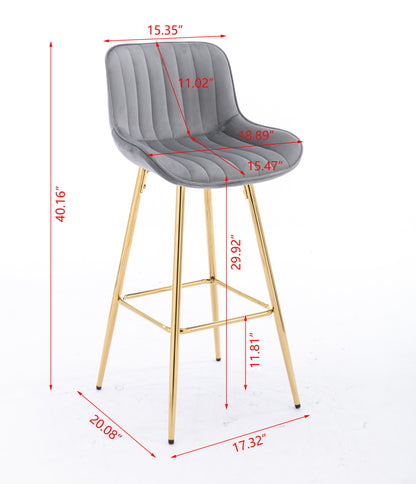 30 inch Set of 2 Bar Stools,with Chrome Footrest Velvet Fabric Counter Stool Golden Leg Simple High Bar Stool,GRAY