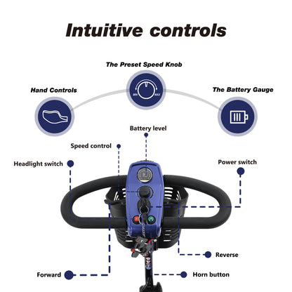 MAX SPORT BLUE 4 Wheels Outdoor Compact Mobility Scooter with 2 in 1 Cup & Phone Holder