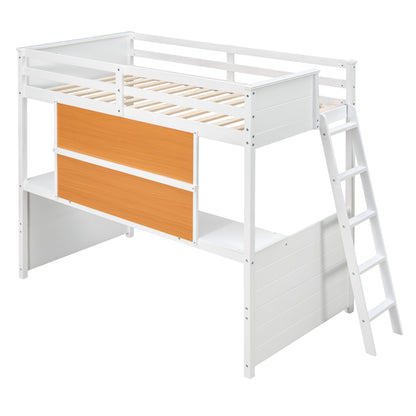 Twin size Loft Bed with Desk and Writing Board, Wooden Loft Bed with Desk - White