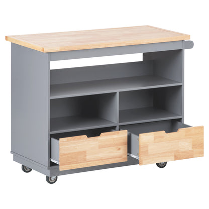 Kitchen Cart Rolling Mobile Kitchen Island Solid Wood Top, Kitchen Cart With 2 Drawers,Tableware Cabinet（Grey Blue）