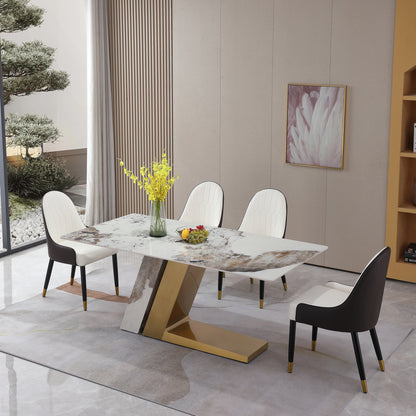 71" Contemporary Dining Table Sintered Stone Z shape Pedestal Base in Gold finish with 6 pcs Chairs .