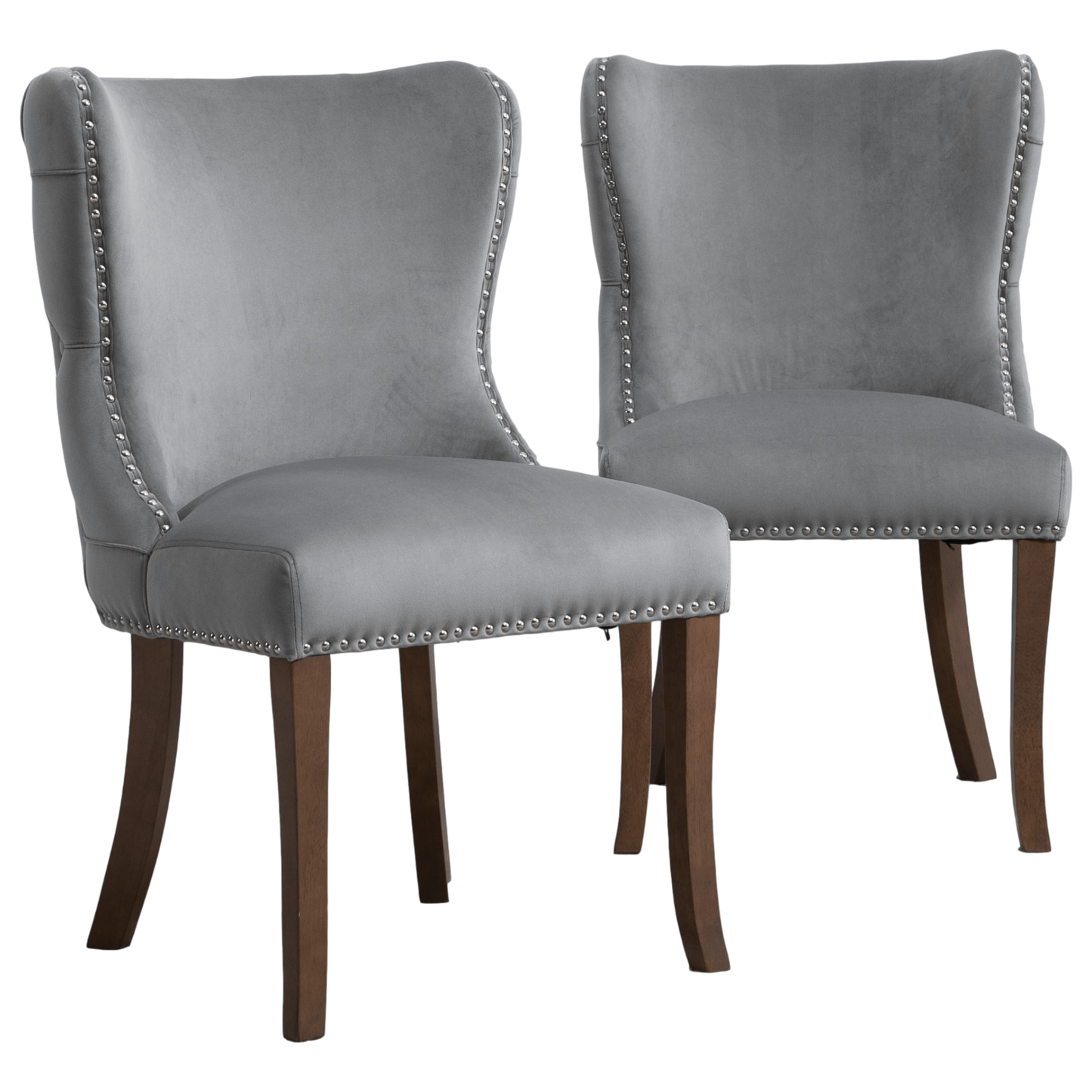 Set of 2 upholstered wing-back dining chair with backstitching nailhead trim and solid wood legs