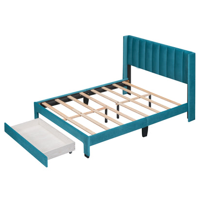 Full Size Storage Bed Velvet Upholstered Platform Bed with a Big Drawer - Blue