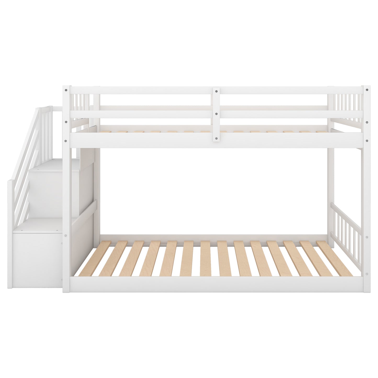 Twin over Twin Floor Bunk Bed, Ladder with Storage, White