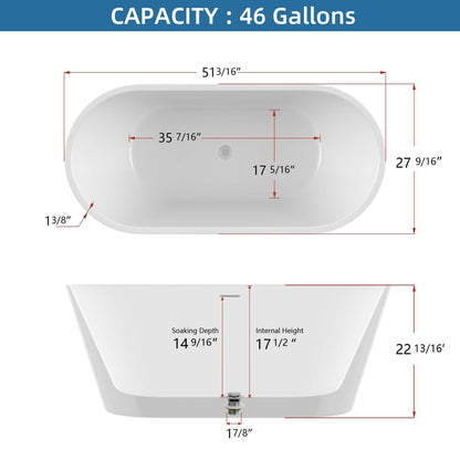 51" Acrylic Free Standing Tub - Classic Oval Shape Soaking Tub, Adjustable Freestanding Bathtub with Integrated Slotted Overflow and Chrome Pop-up Drain Anti-clogging Gloss White