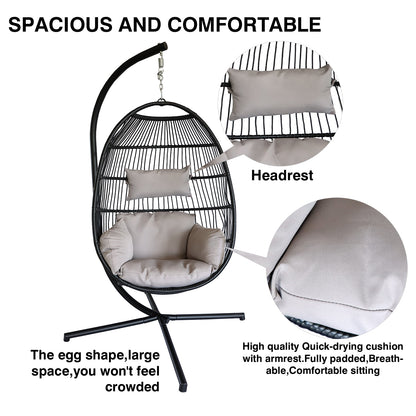 Hanging Egg Chair with Stand Outdoor Patio Swing Egg Chair Indoor Folding Egg Chair, Waterproof Cushion, Folding Rope Back, Heavy Duty C-Stand, 330LBS Capacity