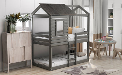 Twin Over Twin Bunk Bed Wood Loft Bed with Roof, Window, Guardrail, Ladder (Gray)(OLD SKU: LP000088AAN)