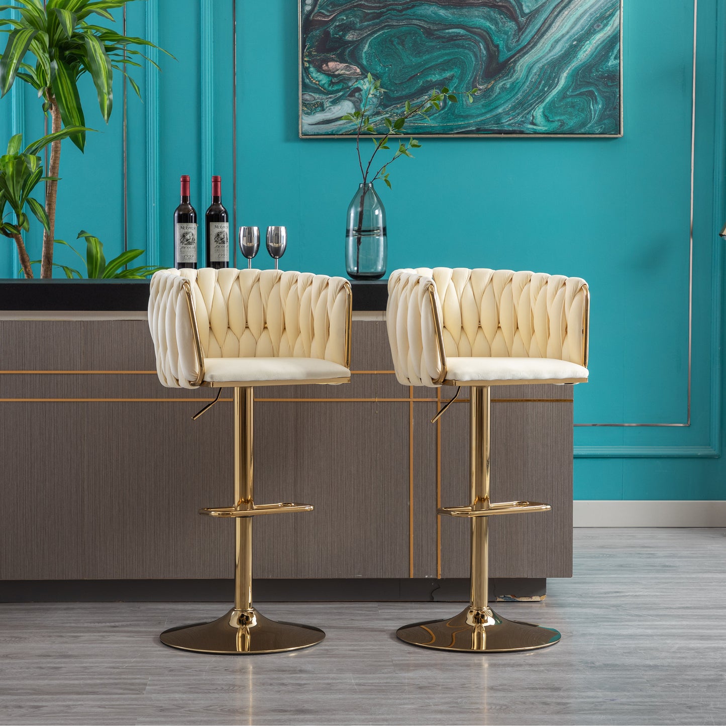 Set of 2 Bar Stools,with Chrome Footrest and Base Swivel Height Adjustable Mechanical Lifting Velvet + Golden Leg Simple Bar Stoo,Ivory