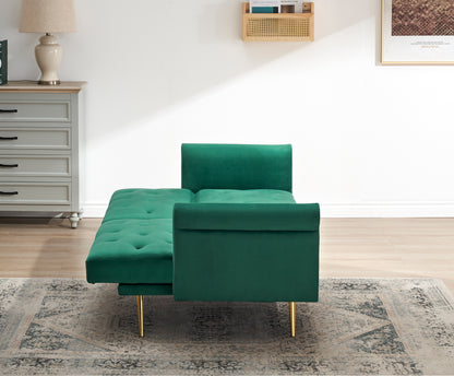 Green velvet nail head sofa bed with throw pillow and midfoot