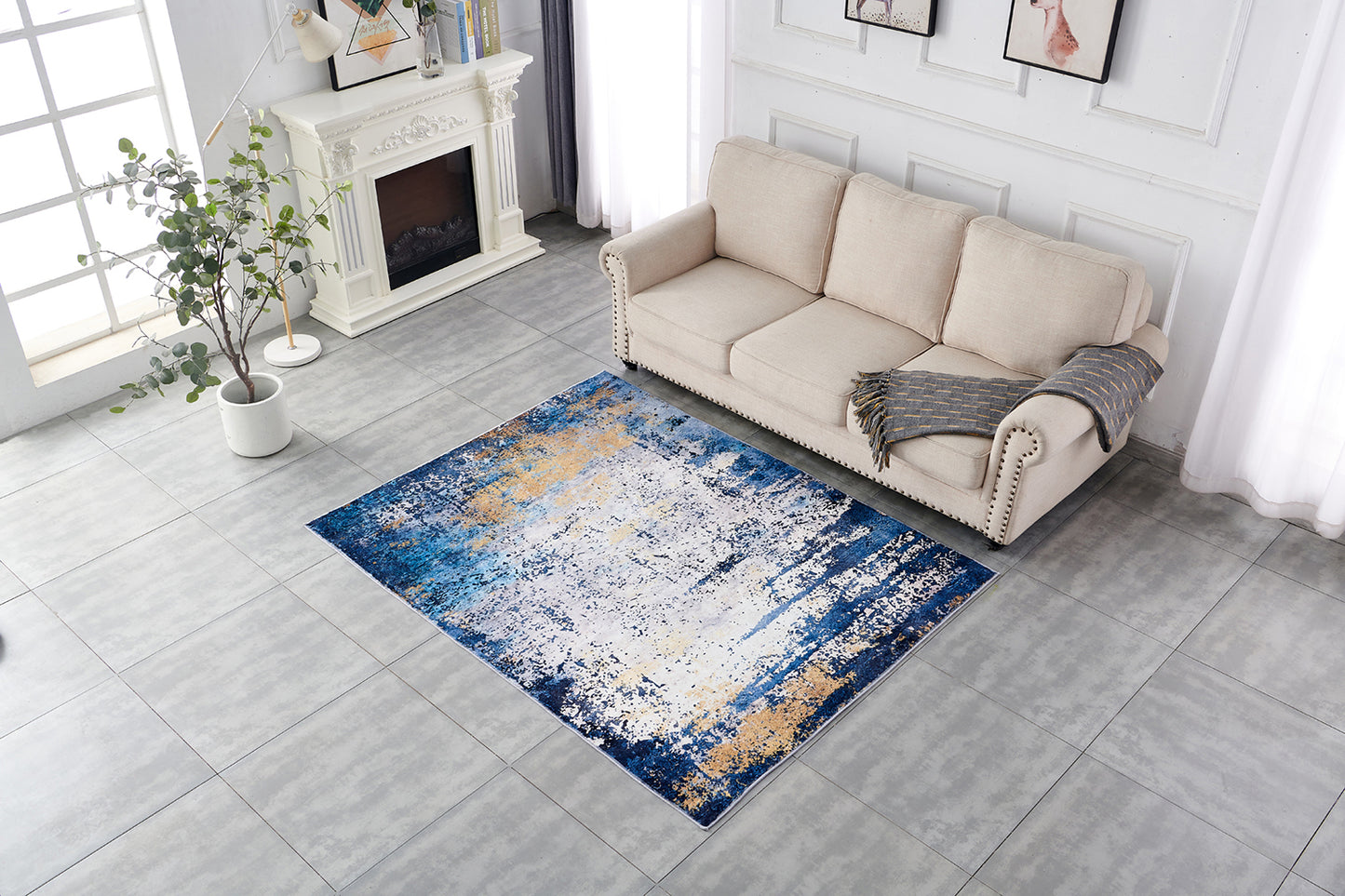 ZARA Collection Abstract Design Blue Grey Yellow Machine Washable Super Soft Area Rug