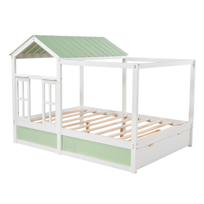 Full Size House Bed with Roof, Window and Drawer - Green + White