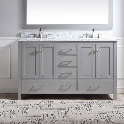 60" Double Bathroom Vanity in Grey with Carrara Marble Top with White Basin