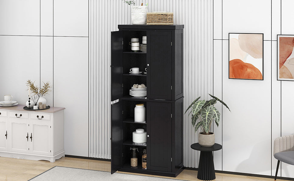 TOPMAX Freestanding Tall Kitchen Pantry, 72.4" Minimalist Kitchen Storage Cabinet Organizer with 4 Doors and Adjustable Shelves, Black