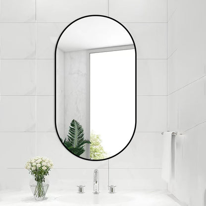 Wall Mounted Mirror, 36’’x18’’ Oval Bathroom Mirror, Black Vanity Wall Mirror w/ Stainless Steel Metal Frame & Pre-Set Hooks for Vertical & Horizontal Hang, Ideal for Bedroom, Bathroom