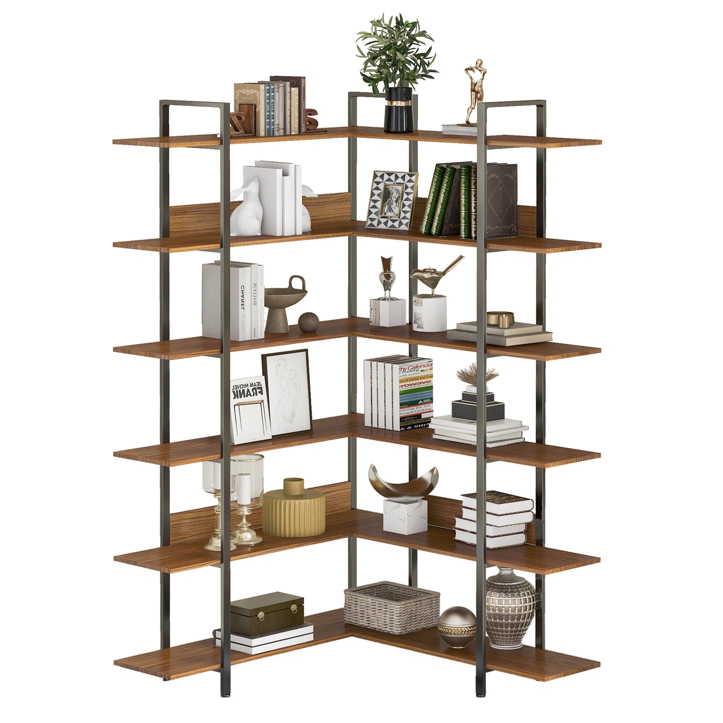 74.8 Inch Bookshelf L-shape MDF Boards Stainless Steel Frame Corner 6-tier Shelves Adjustable Foot Pads, Brown