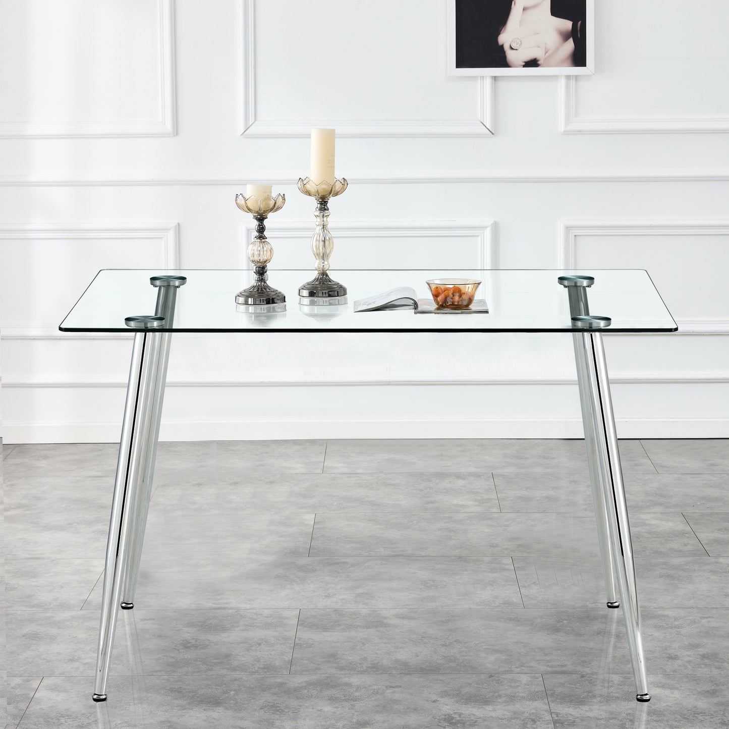 Modern Minimalist Rectangular Glass Dining Table for 4-6 with 0.31" Tempered Glass Tabletop and Silver Chrome Metal Legs, Writing Table Desk, for Kitchen Dining Living Room, 47" W x 29"D x 30" H