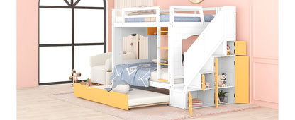 Twin Over Twin Bunk Bed with Trundle ,Stairs,Ladders Solid Wood Bunk bed with Storage Cabinet （White + Yellow）