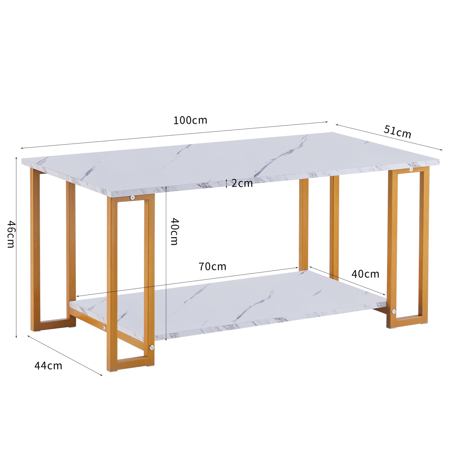 D&N Coffee Table, 2 Layers 1.5cm Thick Marble MDF Rectangle 39.37" L Tabletop Iron Coffee Table , Dining Room, Coffee Shop, Resterant, White Top, Gold Leg