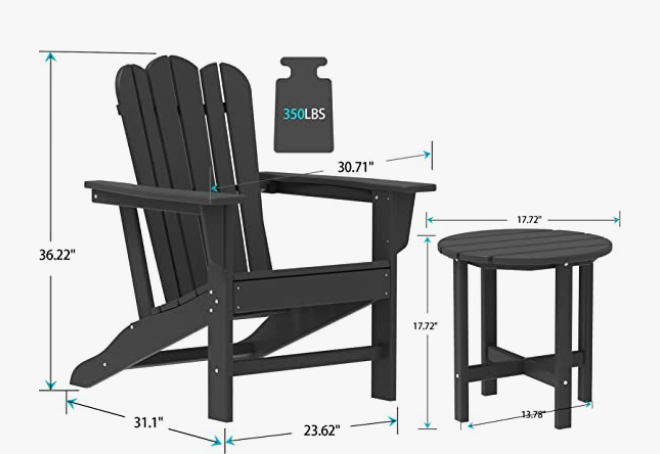 Combo for Family: 2 Plastic Adirondack Chairs & an Outdoor Side Table.  Outdoor Adirondack Chair Patio Lounge Chairs Classic Design (Black)