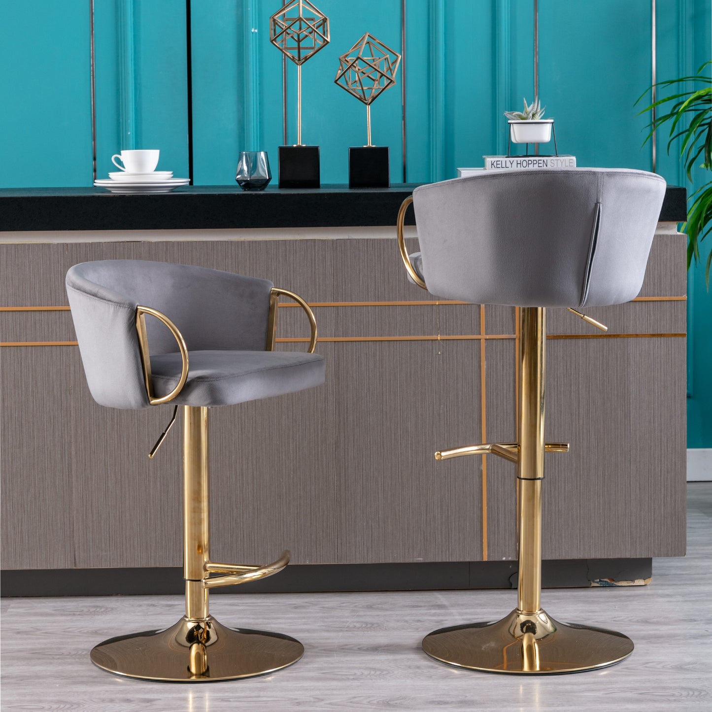 Set of 2  Bar Stools,with Chrome Footrest and Base Swivel Height Adjustable Mechanical Lifting Velvet + Golden Leg Simple Bar Stool-Grey