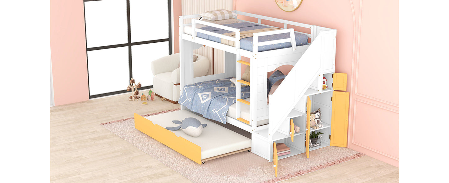 Twin Over Twin Bunk Bed with Trundle ,Stairs,Ladders Solid Wood Bunk bed with Storage Cabinet （White + Yellow）