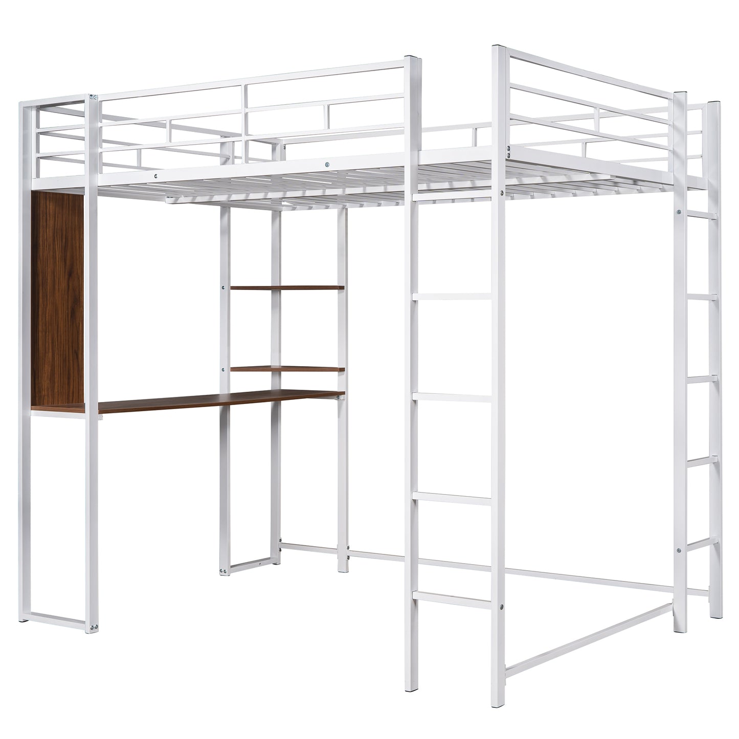 Full Size Metal Loft Bed with 2 Shelves and one Desk ,White (Old SKU: LP000191AAK )