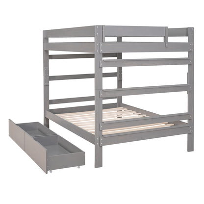 Full over Full Wood Bunk Bed with 2 Drawers, Gray