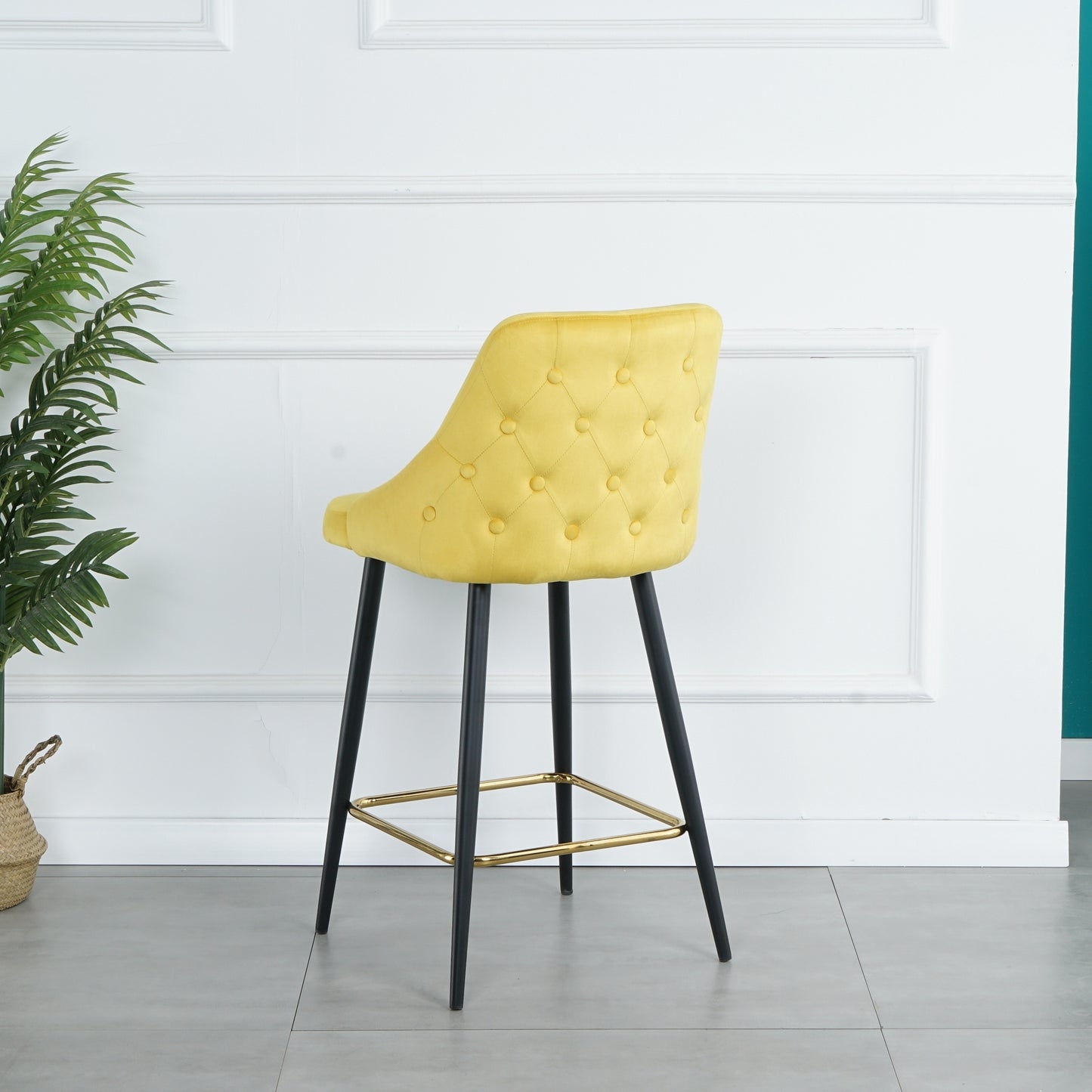 Luxury Modern Yellow Velvet Upholstered High Bar Stool Chair With Gold Legs(set of 2)