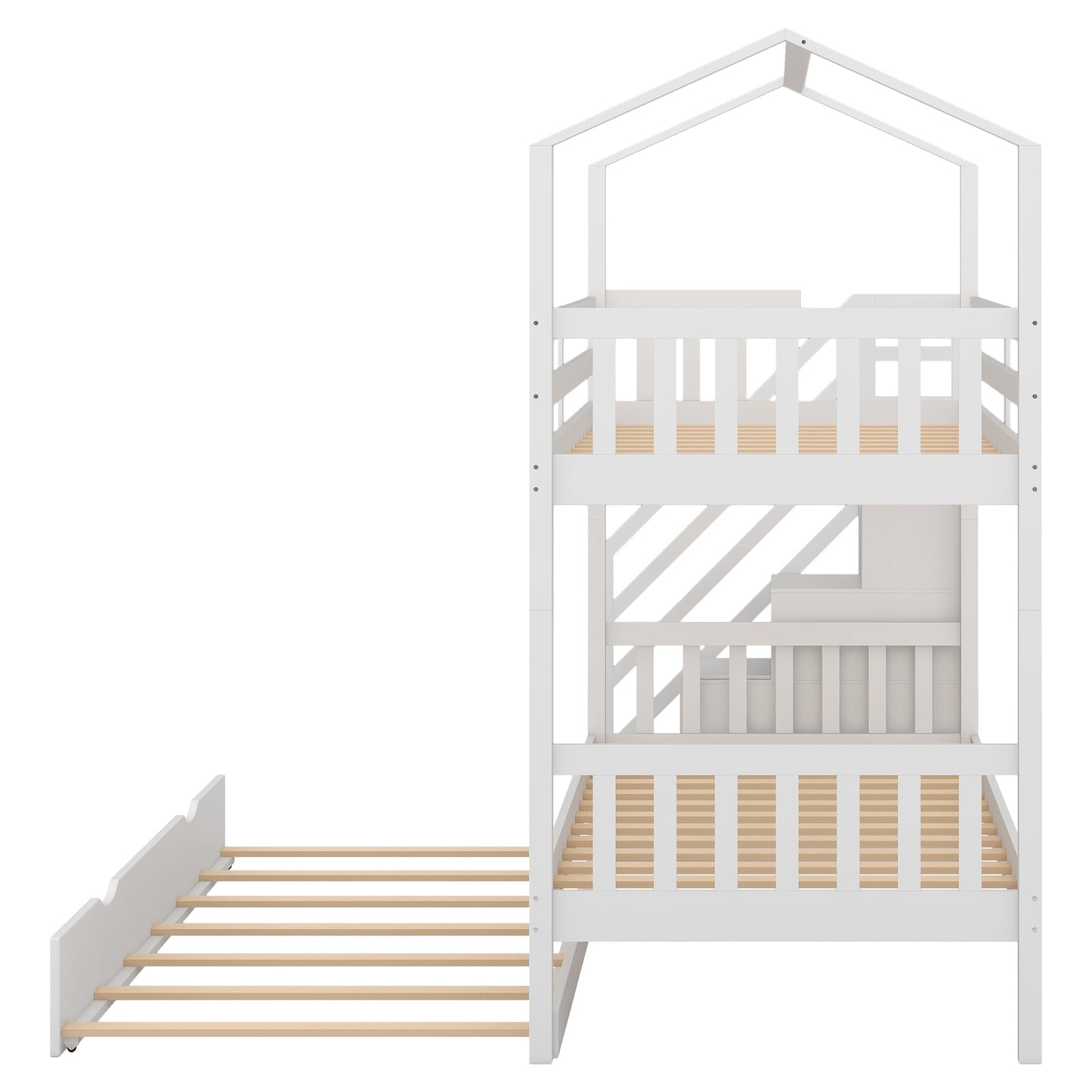 Multifunctional Twin over Twin House Bunk Bed with Staircase and Storage Space,White