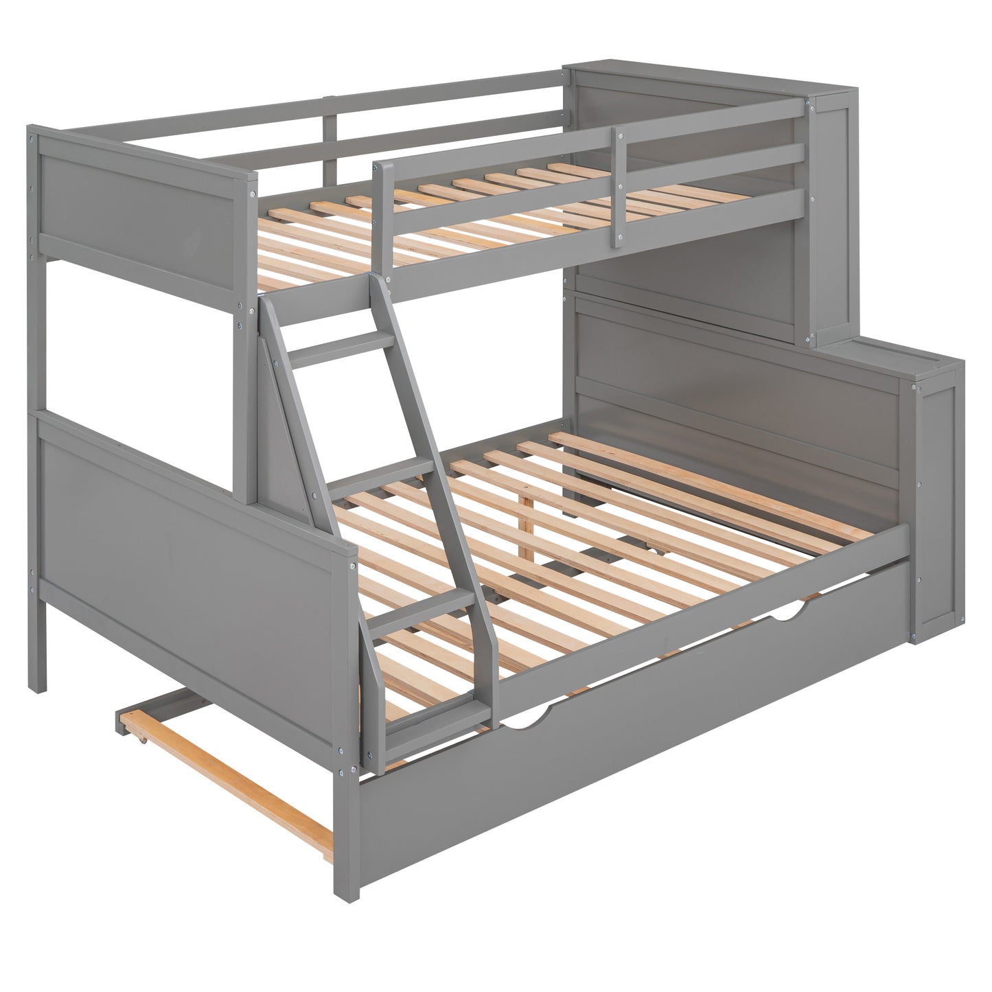 Twin over Full Bunk Bed with Trundle and Shelves, can be Separated into Three Separate Platform Beds, Gray