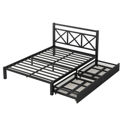 Metal Platform Bed with 2 Drawers, Full (Black)