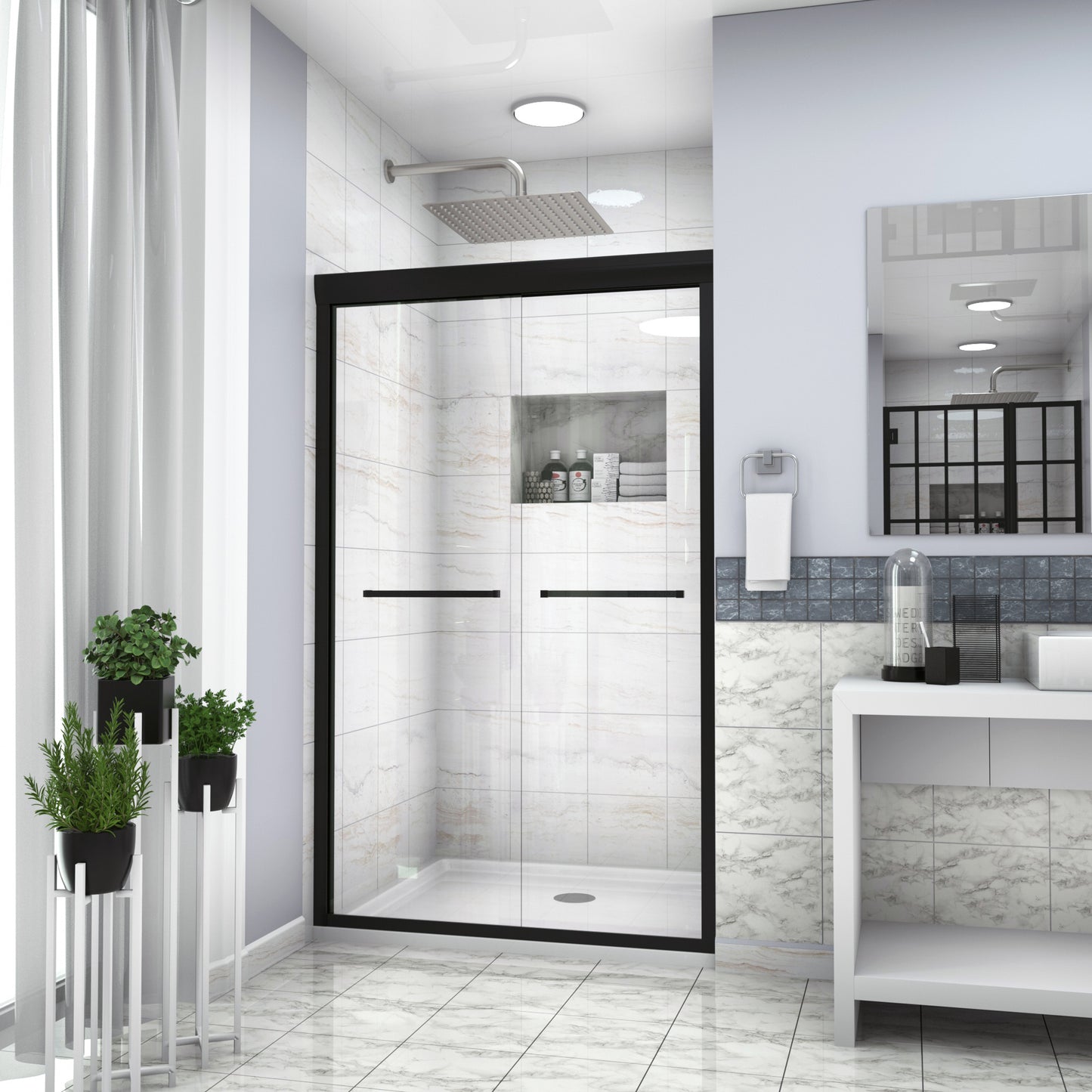 Shower Door 48" W x 76"H Double Sliding Shower Enclosure, Matte Black