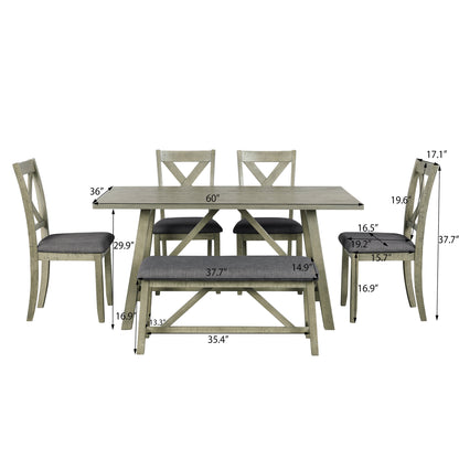 TOPMAX 6 Piece Dining Table Set Wood Dining Table and chair Kitchen Table Set with Table, Bench and 4 Chairs, Rustic Style, Gray(No Difference with SH000109AAE）